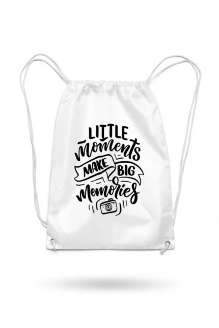 Stilotee white cotton canvas drawstring backpack featuring aesthetic minimalist Little Moments quote typography print