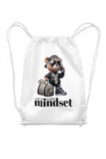 Stilotee white canvas drawstring gym sackpack featuring streetwear hypebeast teddy bear graphic with millionaire mindset typography