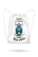 Stilotee white canvas drawstring backpack featuring a hand-drawn vintage blue scooter graphic with life is a journey colorful typography
