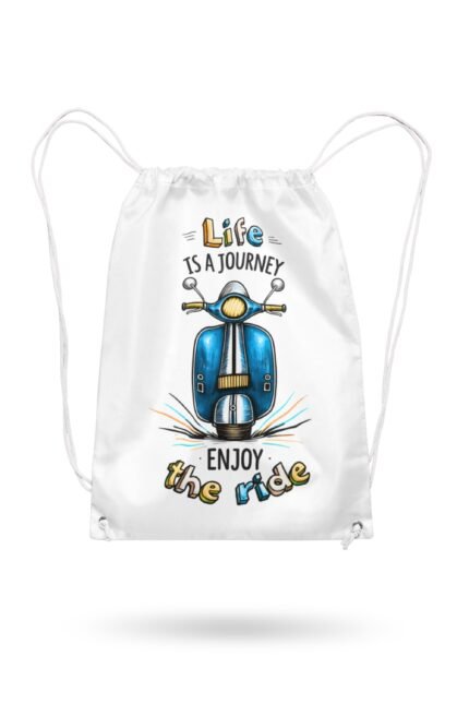 Stilotee white canvas drawstring backpack featuring a hand-drawn vintage blue scooter graphic with life is a journey colorful typography