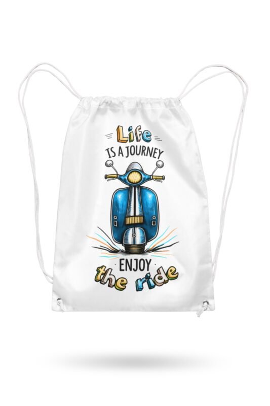 Stilotee white canvas drawstring backpack featuring a hand-drawn vintage blue scooter graphic with life is a journey colorful typography