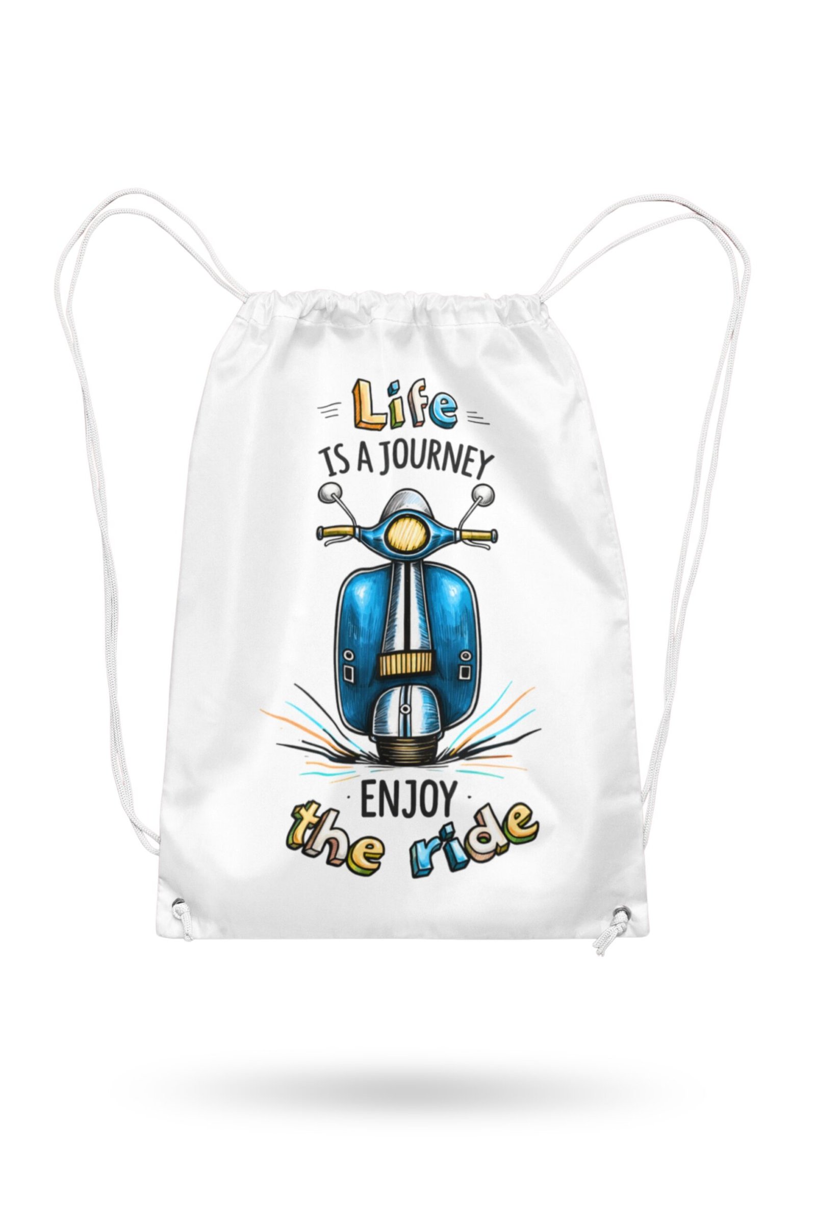 main image Stilotee white canvas drawstring backpack featuring a hand-drawn vintage blue scooter graphic with life is a journey colorful typography