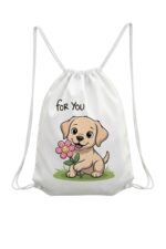 Stilotee white cotton canvas gym sackpack featuring a wholesome kawaii golden retriever puppy illustration holding a smiling pink daisy flower