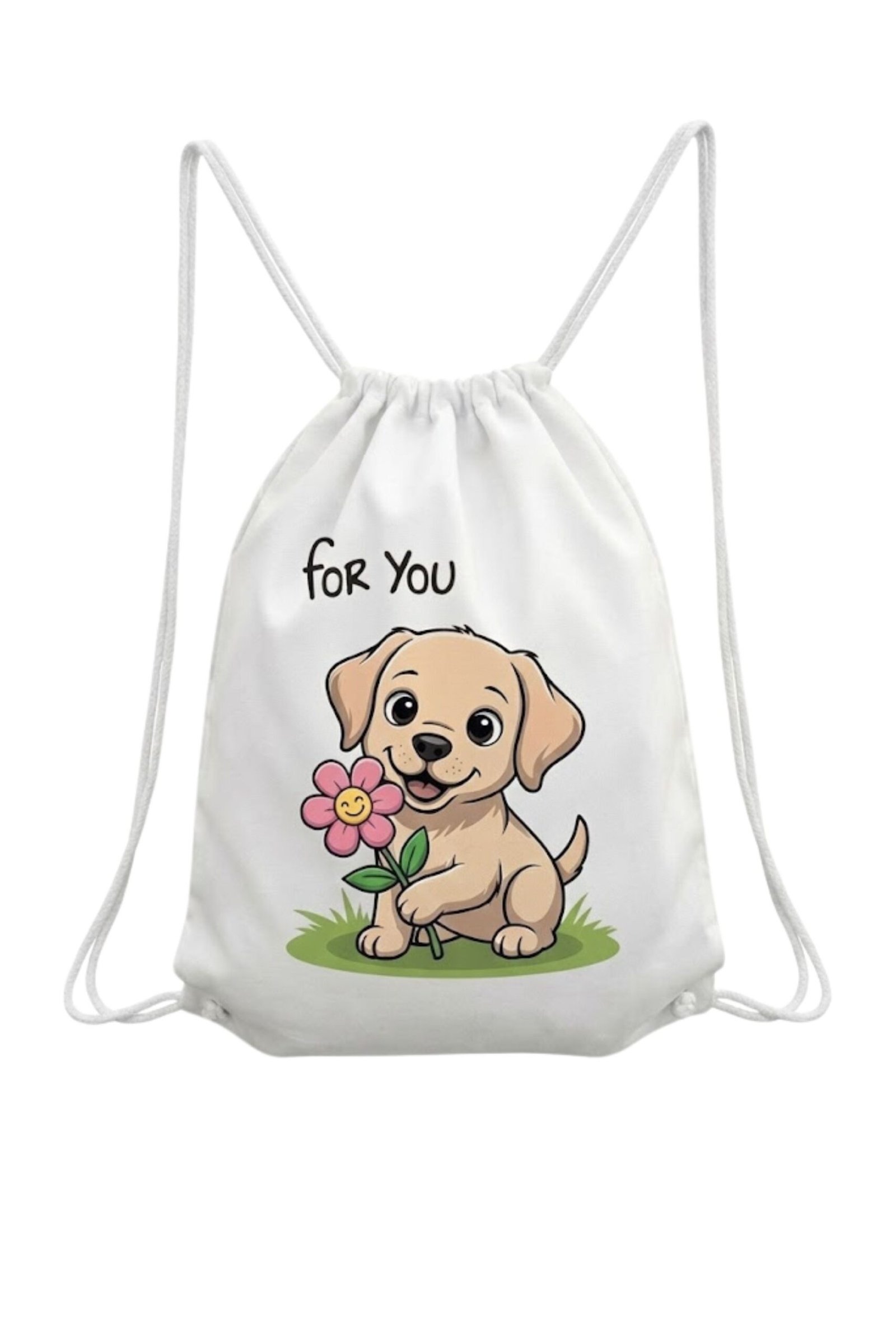 main image Stilotee white cotton canvas gym sackpack featuring a wholesome kawaii golden retriever puppy illustration holding a smiling pink daisy flower