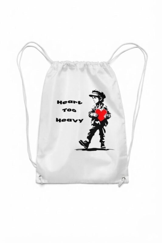 Stilotee white canvas drawstring backpack featuring a minimalist line art illustration of a lonely boy holding a glowing red heart