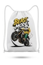 Urban streetwear canvas drawstring bag featuring a beast mode graphic design.