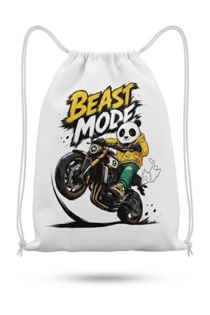 Urban streetwear canvas drawstring bag featuring a beast mode graphic design.