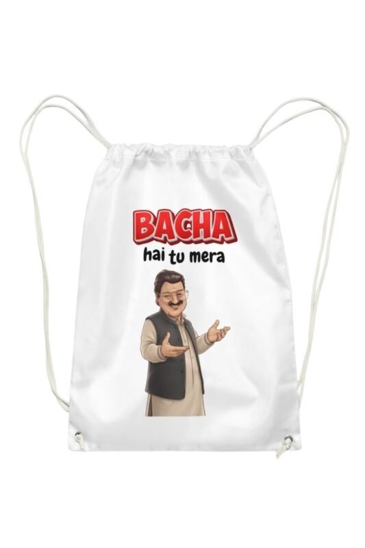 Funny Desi meme gym sackpack featuring a cartoon caricature with Bacha hai tu mera typography.