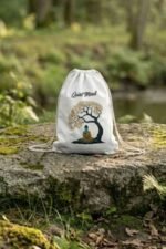 Stilotee Zen meditating Buddha white cotton drawstring sackpack displayed alongside a rolled-up yoga mat indoors