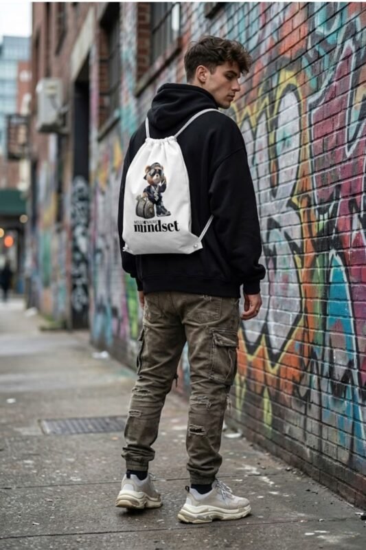 Home Fashion-color 96 Back view of a person wearing a black hoodie and Stilotee white canvas gym sackpack walking near a graffiti wall