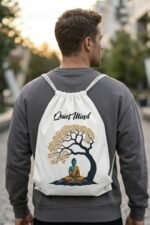 Back view of a model wearing Stilotee white canvas drawstring backpack featuring a meditating Buddha under a golden Bodhi tree print