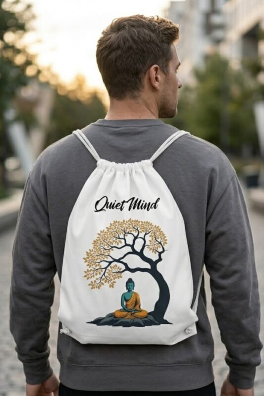 Back view of a model wearing Stilotee white canvas drawstring backpack featuring a meditating Buddha under a golden Bodhi tree print