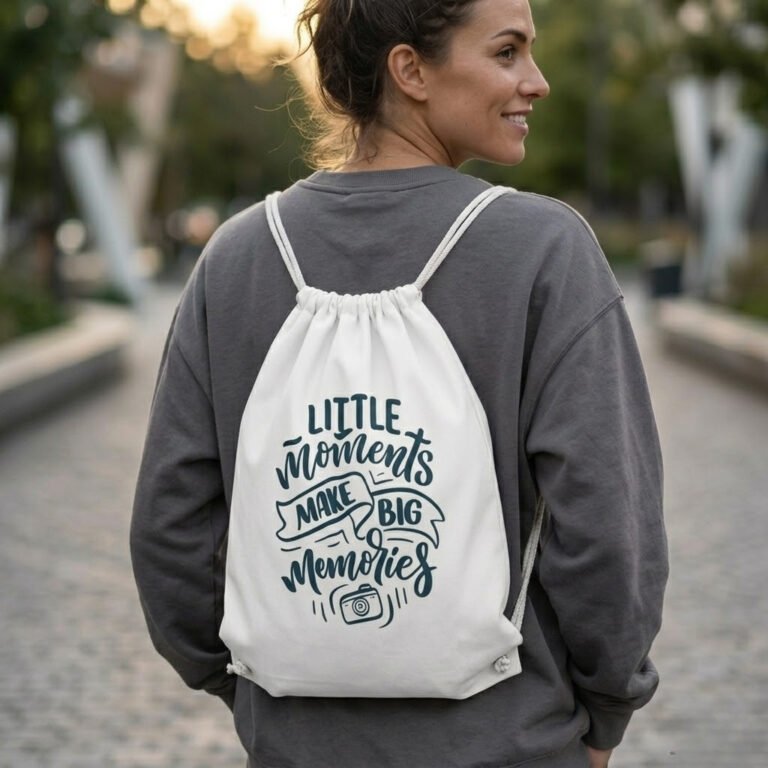 Stilotee aesthetic white canvas drawstring bags collection with minimalist typography print