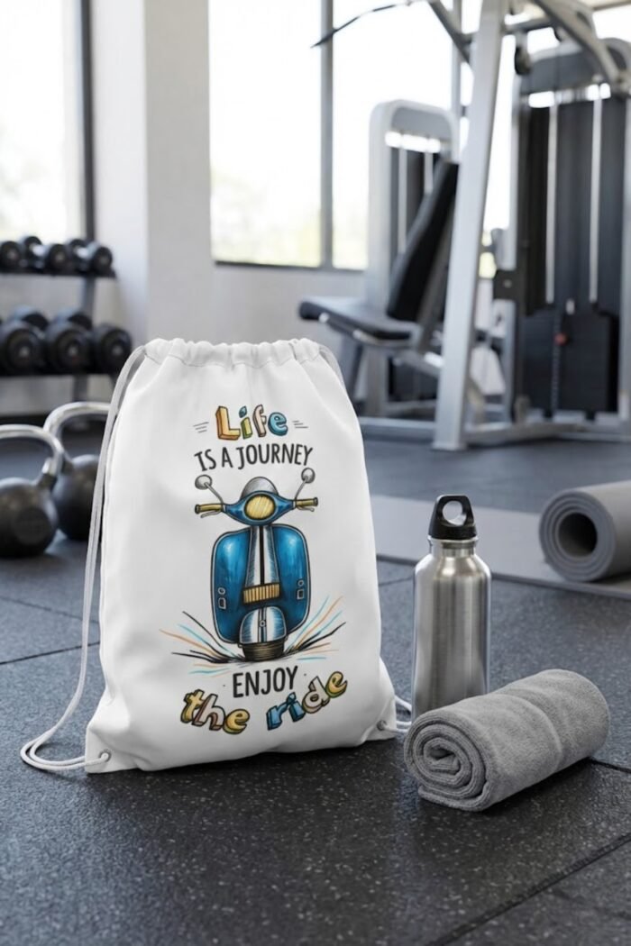 Premium Canvas Drawstring Bag with Colorful Hand-Drawn Scooter Graphic - Image 3