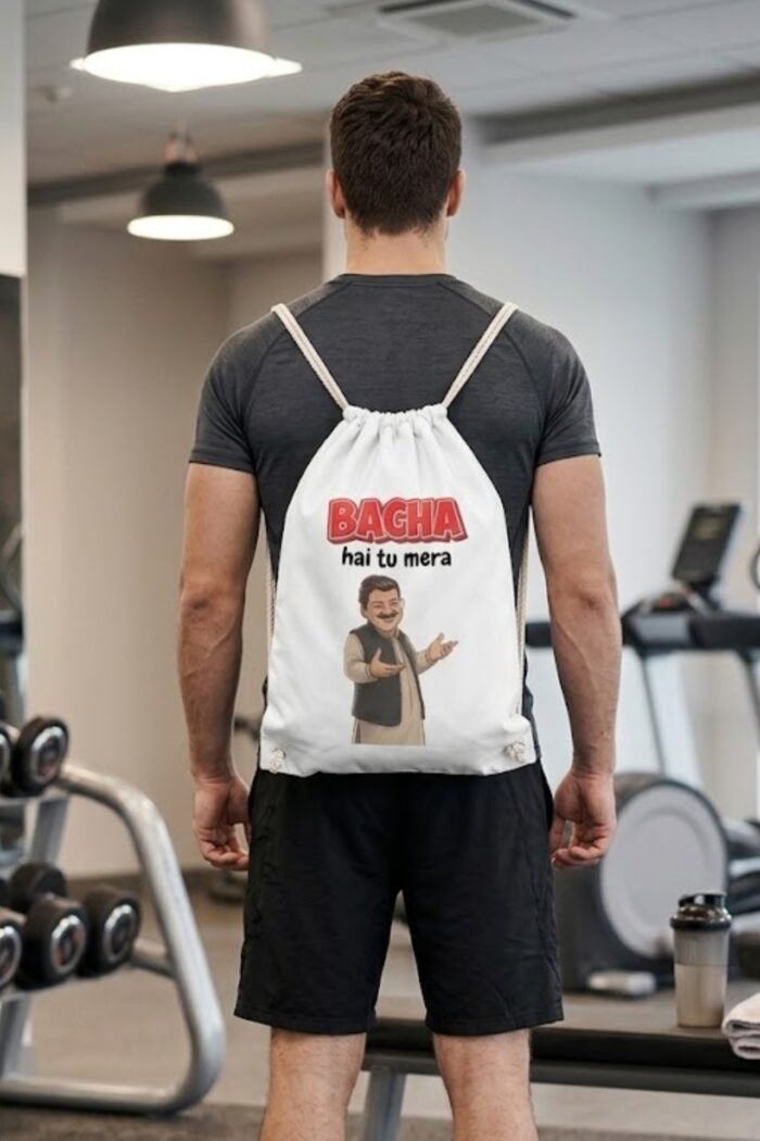 Athletic casual streetwear look featuring a man wearing a black hoodie with a heavy duty white canvas meme drawstring backpack.