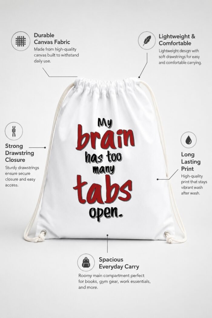 White canvas cinch sackpack with durable drawstring details and long lasting print specifications