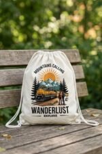 Retro nature lover canvas drawstring bag resting on a rustic wooden pier