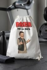 Premium cotton canvas gym sackpack showcasing a viral Dhurandhar movie meme illustration next to a travel bottle.