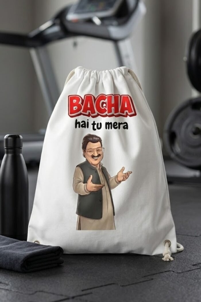 Premium cotton canvas gym sackpack showcasing a viral Dhurandhar movie meme illustration next to a travel bottle.