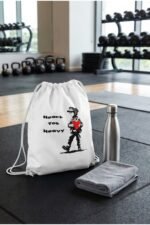 Stilotee premium white cotton drawstring bag with minimalist emotional line art graphic resting on a clean studio background