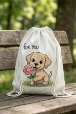 Unisex White Cotton Gym Sackpack | Wholesome Anime Style Puppy Bag - Image 5