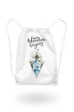 Wanderlust Compass Minimalist White Canvas Drawstring Bag featuring a mountain and ocean wave graphic with typography reading And the Adventure Begins.