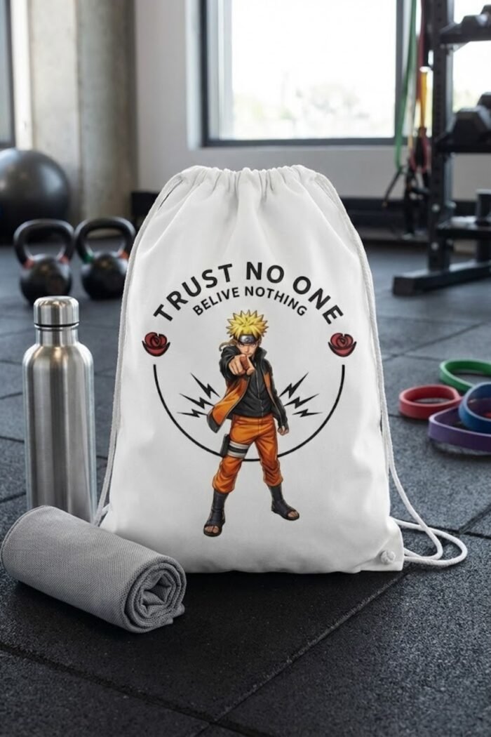 A white anime streetwear drawstring sackpack displayed outdoors on a wooden surface next to a black stainless steel water bottle.