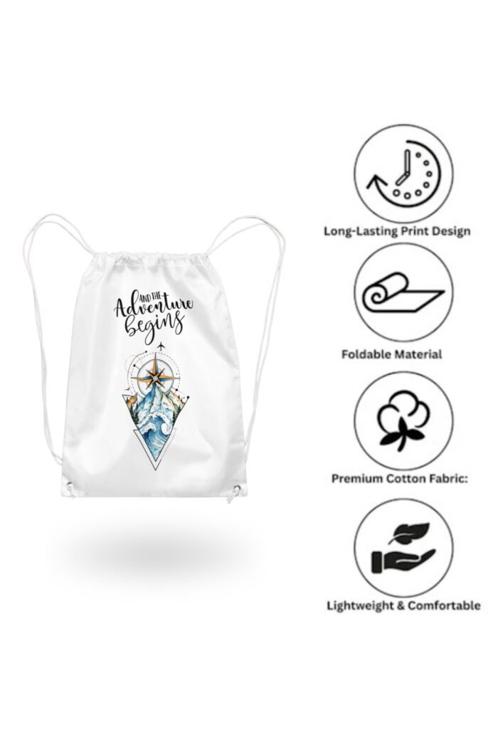 Wanderlust Compass Minimalist White Canvas Cinch Bag for Travel - Image 5