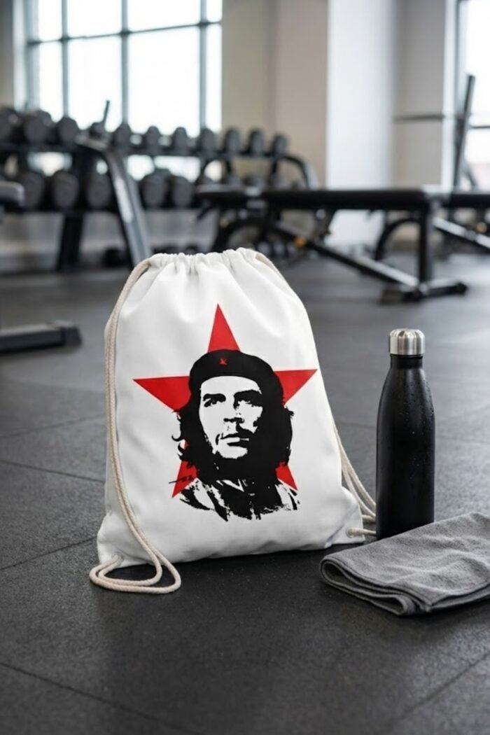A closeup view of the premium heavyweight cotton canvas texture and heavy-duty dual-cord shoulder straps on the Che Guevara drawstring backpack.