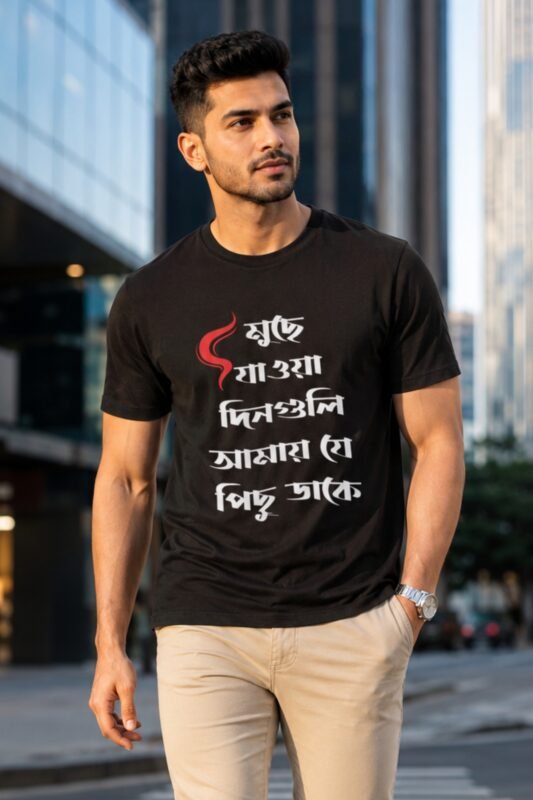 Close up look of Stilotee black graphic cotton t-shirt featuring aesthetic Bengali script typography design and red visual element