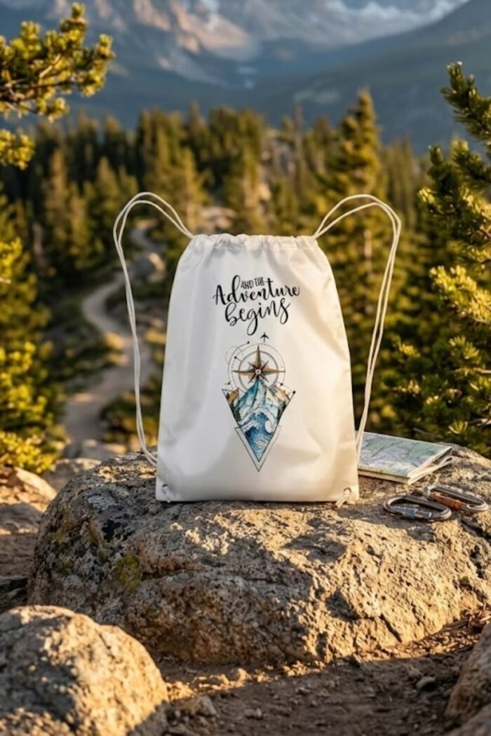 White Durable Canvas Drawstring Bag featuring a minimalist mountain, ocean wave, and compass illustration with And the Adventure Begins typography.