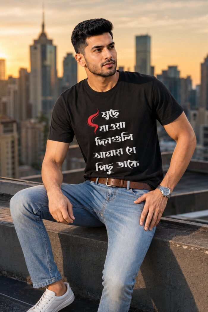Casual streetwear look featuring a black premium cotton round neck t-shirt with bold Bengali typography quote print