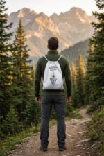 A person standing in a pine forest looking at distant mountains with a White Durable Canvas Drawstring Bag.