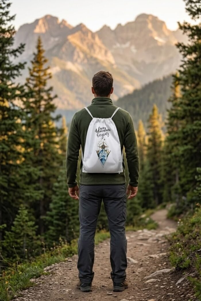 A person standing in a pine forest looking at distant mountains with a White Durable Canvas Drawstring Bag.