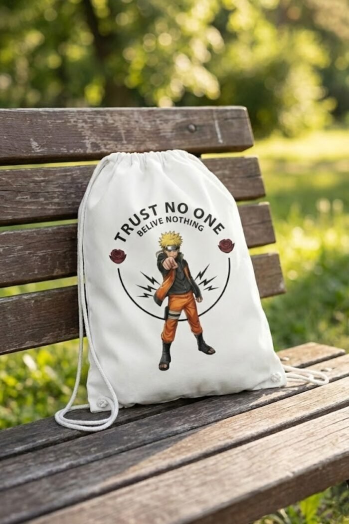 A closeup of the Stilotee white canvas drawstring bag with a red and black anime character print resting on an outdoor wooden bench.