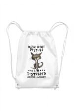A white canvas drawstring backpack featuring a funny minimalist graphic illustration of a chaotic, grumpy grey cat with yellow eyes and text that reads "Please Do Not Disturb" and "I Am Disturbed Enough Already".