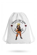 A white canvas drawstring backpack featuring a bold anime streetwear graphic with a ninja character in an orange jumpsuit, flanked by red roses and text that reads "Trust No One" and "Believe Nothing"