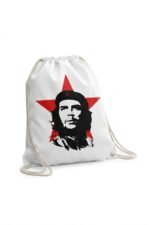 A white canvas drawstring backpack featuring a bold, high-contrast black stencil graphic portrait of Che Guevara wearing his signature beret, layered over a vibrant red five-pointed socialist star.