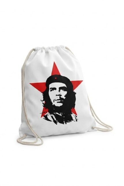 A white canvas drawstring backpack featuring a bold, high-contrast black stencil graphic portrait of Che Guevara wearing his signature beret, layered over a vibrant red five-pointed socialist star.