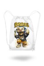 A white canvas drawstring backpack featuring a bold graphic of a hypebeast anime character wearing a wild boar skull mask, holding a stack of cash, with the golden gothic typography text "BINDAS" emblazoned above.
