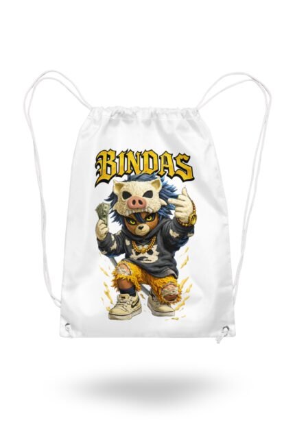 A white canvas drawstring backpack featuring a bold graphic of a hypebeast anime character wearing a wild boar skull mask, holding a stack of cash, with the golden gothic typography text "BINDAS" emblazoned above.