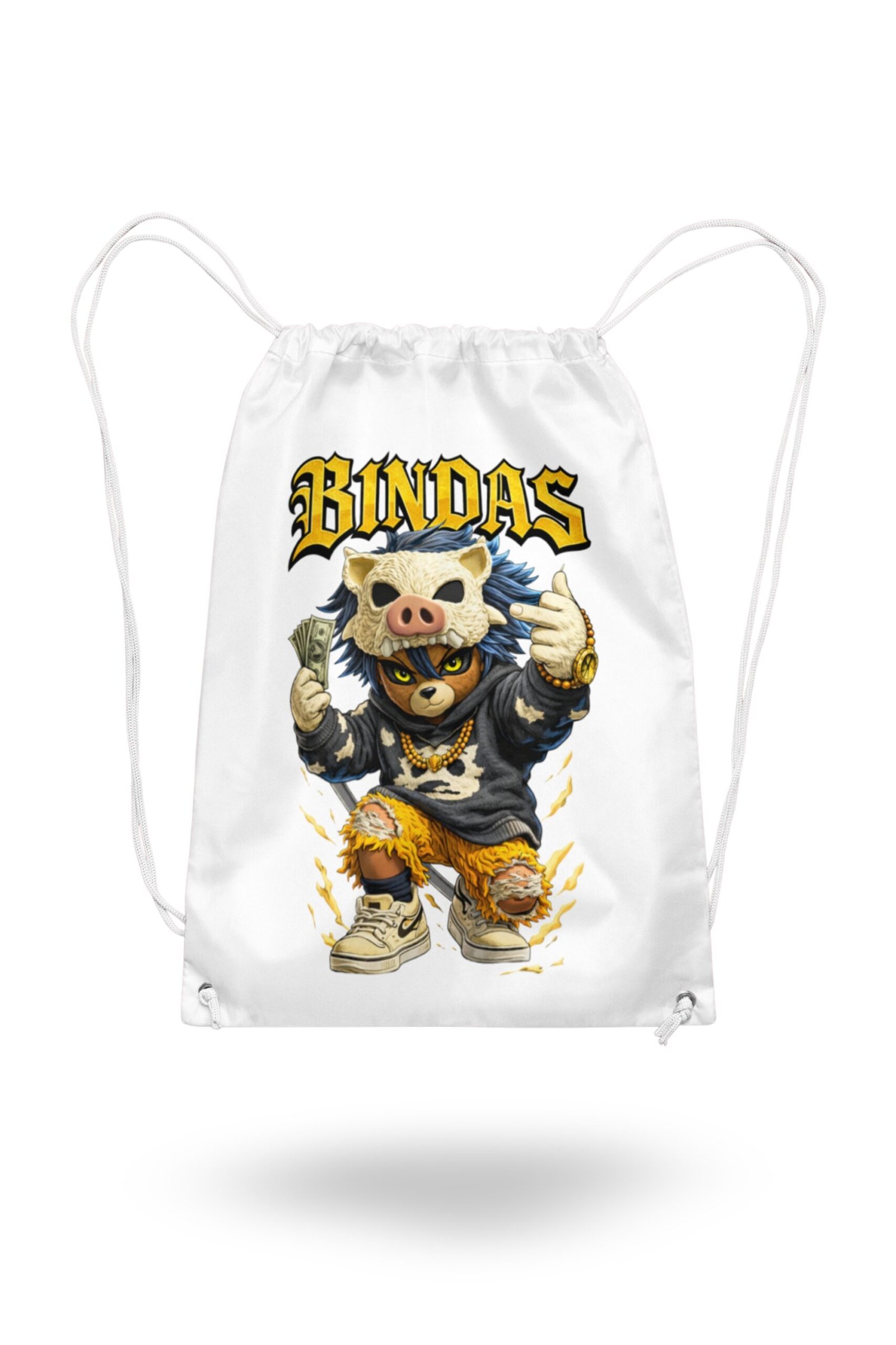 main image A white canvas drawstring backpack featuring a bold graphic of a hypebeast anime character wearing a wild boar skull mask, holding a stack of cash, with the golden gothic typography text "BINDAS" emblazoned above.