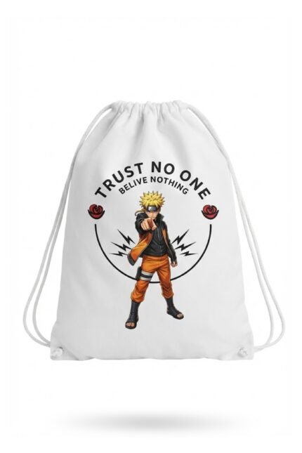 A white canvas drawstring backpack featuring a bold anime streetwear graphic with a ninja character in an orange jumpsuit, flanked by red roses and text that reads "Trust No One" and "Believe Nothing"