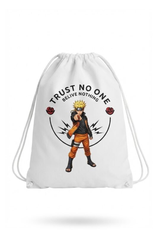A white canvas drawstring backpack featuring a bold anime streetwear graphic with a ninja character in an orange jumpsuit, flanked by red roses and text that reads "Trust No One" and "Believe Nothing"