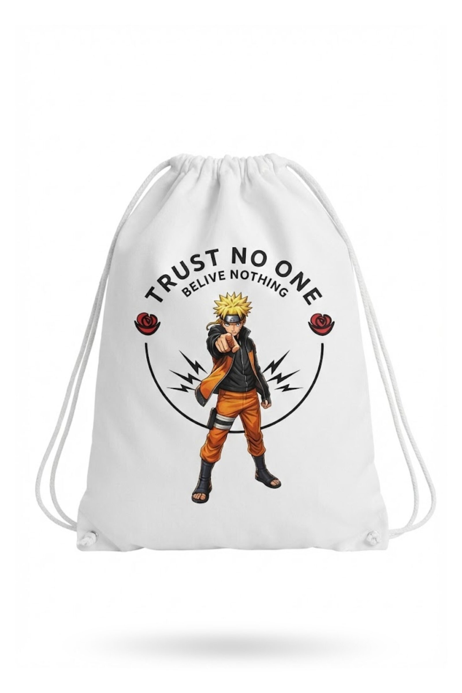 main image A white canvas drawstring backpack featuring a bold anime streetwear graphic with a ninja character in an orange jumpsuit, flanked by red roses and text that reads "Trust No One" and "Believe Nothing"