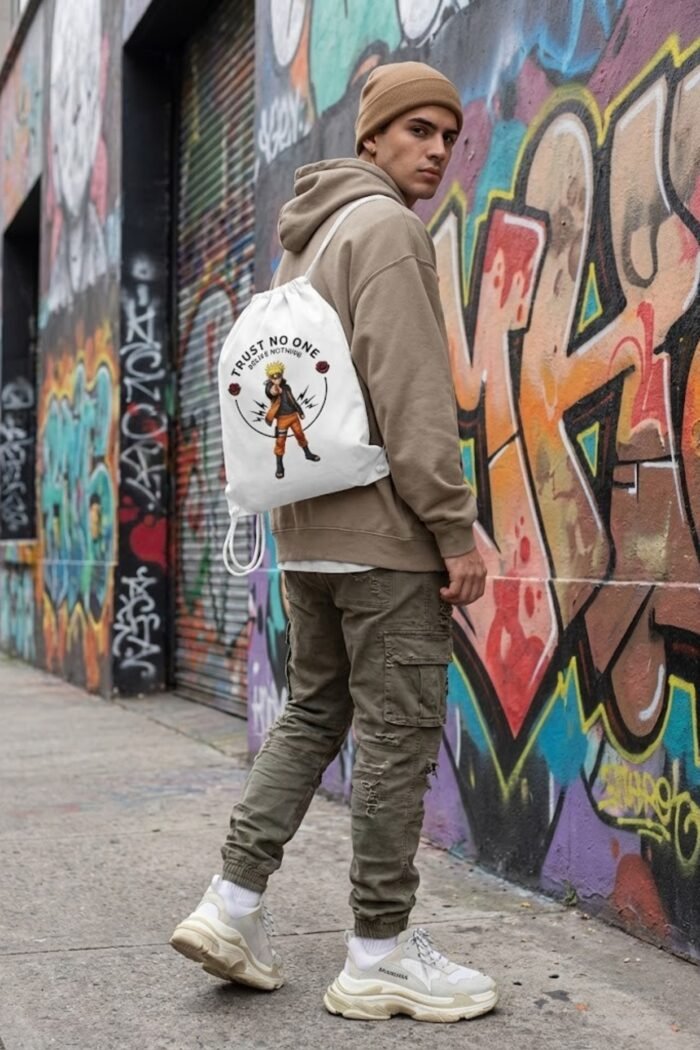 A product mockup collection showcasing the white aesthetic anime gym bag against an urban street art graffiti wall backdrop.