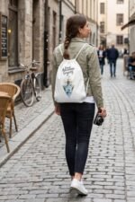 A model walking down a city street wearing the White Durable Canvas Drawstring Bag on their back.