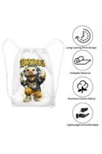 A product mockup and feature infographic of a white canvas drawstring backpack highlighting its premium heavyweight cotton material, fade-resistant digital print, and heavy dual cords.