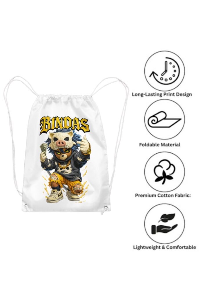 A product mockup and feature infographic of a white canvas drawstring backpack highlighting its premium heavyweight cotton material, fade-resistant digital print, and heavy dual cords.