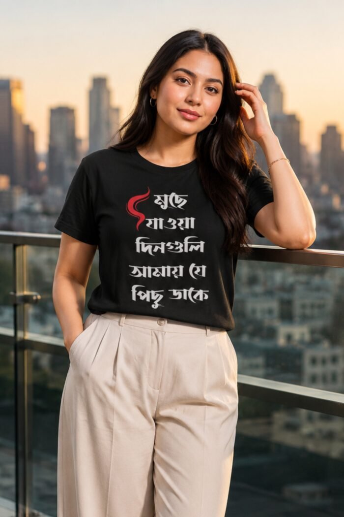 Woman wearing Stilotee black graphic t-shirt with traditional Bengali script typography print for casual lifestyle wear